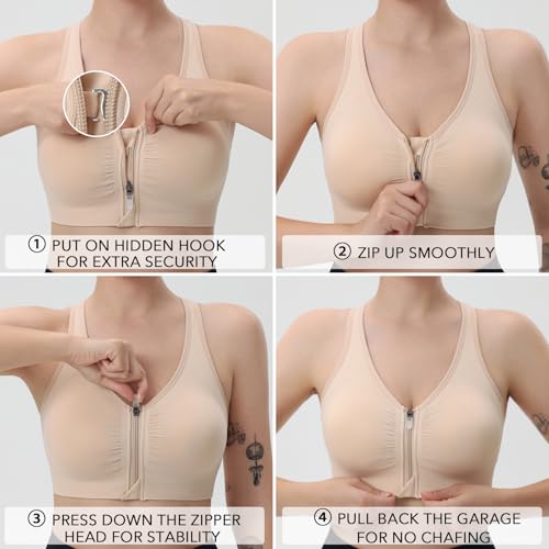 Evercute Women's Zip Front Sports Bras Wireless Padded Racerback Medium Support Post-Surgery Bra Yoga Exercise Athletic Bras3