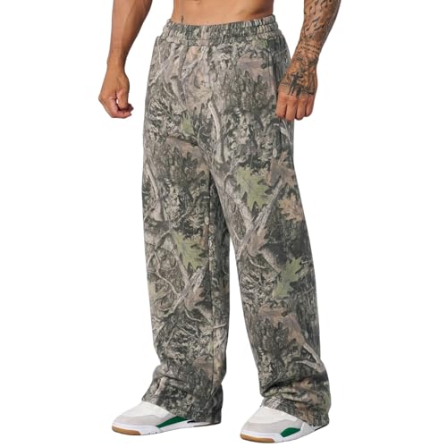 Mens Camo Graphic Leaf Print Baggy Sweatpants Joggers Elastic Waist Wide Leg Trousers Casual Y2k Streetwear Pants