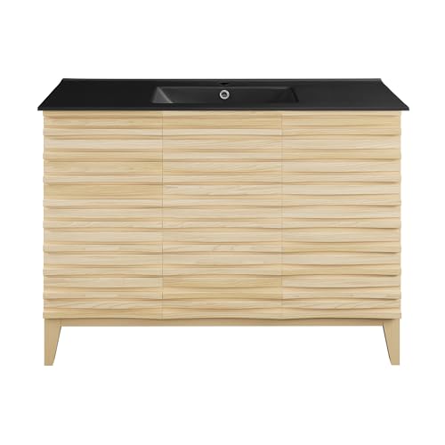 Image of Swiss Madison Cascade 48 in. Natural Oak Bathroom Vanity with Black Ceramic Sink Top