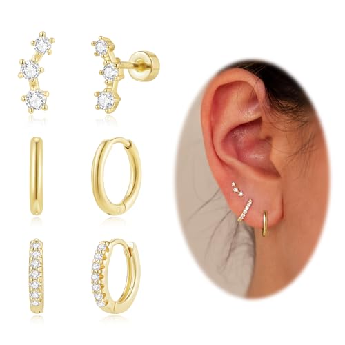 Earring Stacks Gold Hoop Earrings Set, Dainty 14K Gold Small Huggie Hoop Earrings for Women Trendy Hypoallergenic Cartilage Flat Back Stud Earrings Set for Multiple Piercing
