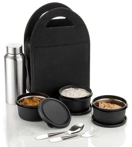 Image of NARIYA Lunchbox Set with 3 Leak-Proof Container, 1 Steel Bottle and Steel Spoon Set for Office and School (Black)