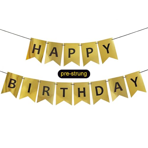 Image of Gold Happy Birthday Banner,Pre-Strung Gold and Black Birthday Party Decorations,16ft Hanging Sign for Kids, Girls, Boys, Women - No DIY, Backdrop Supplies