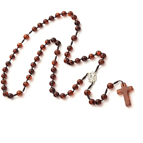 Rosario católico hecho a mano de ámbar Báltico, medallón de la Sagrada Familia/Espíritu Santo