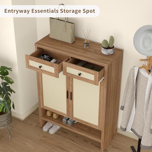 Yanosaku 46" Rattan Shoe Cabinet with 4 Adjustable Shelves & 2 Storage Drawers, Modern Boho Shoe Organizer with Large Tabletop & Open Lower Shelf, Entryway Hallway Cabinet for Shoes and Boots, Walnut — view 6