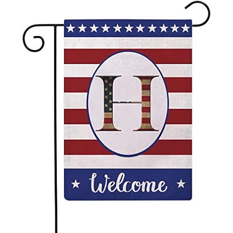 Patriotic Decorative Flag Initial Letter Garden Flags with Monogram H Double Sided American Independence Day Flag Welcome Burlap Garden Flags 12.5×18 Inch for House Yard Patio Outdoor Decor(H) Cover