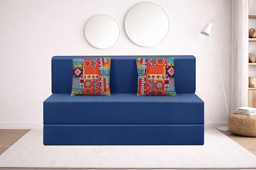 Image of Rosebell Two Seater Foldable Sofa Cum Bed (4x6 Feet) ? Jute Fabric, Washable Removable Cover, Includes Cushion | Space Saving Convertible Sofa Bed for Home, Office & Guests - Blue
