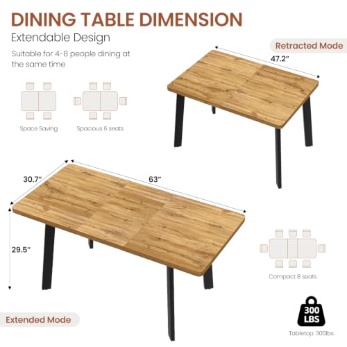 Image of Extendable Dining Table for 4 to 8 People, 47.2 inch to 63 inch Modern Kitchen Table with Removable Extension Leaf, MDF Expandable Dining Room Table Compact for Small Spaces, Walnut