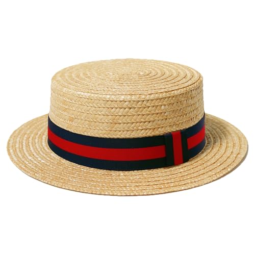 Straw Boater Hat Men Women Skimmer Hat Wide Brim Amish Hat Christmas Costume Handmade Natural Straw RedBlue