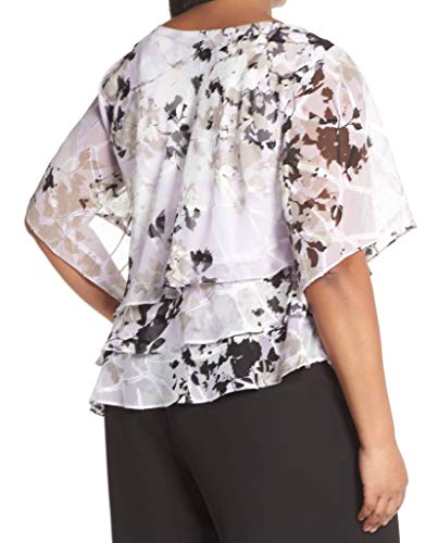 Alex Evenings Women's Plus Size Asymmetric Tiered Chiffon Blouse Shirt, White/Black/Lilac, 3X #TOP1