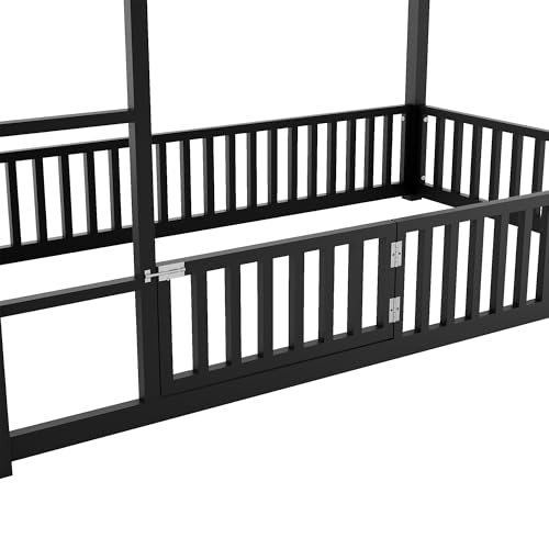 Image of Bellemave Metal Bunk beds Twin Over Twin, House Floor bunk Bed with guardrail and Door for Kids,Black