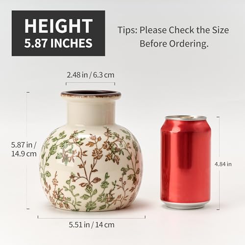 Jarrón antiguo verde y beige, diseño floral chinoiserie de 14,9 cm, jarrón rústico de cerámica para decoración del hogar, sala de estar, estantería, oficina, entrada, decoración grand millennial - imagen 2