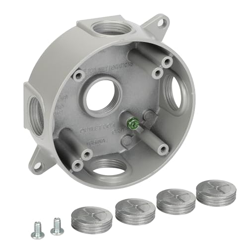 XGGYA Round Outdoor Electrical Box Five 0.75Hole Round Junction Box Aluminum Construction Outdoor Outlet Box CUL Listed for Home Improvement Gray Waterproof Outlet Box(Pack of 1)