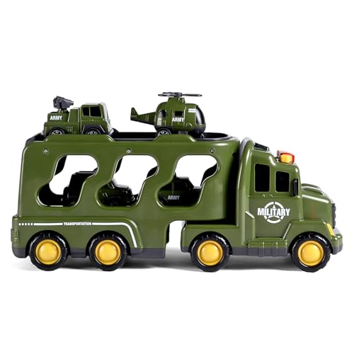Image of Play Nation 5-in-1 Friction-Powered Truck Toy Set with Light&Sound-Educational Transport Carrier Vehicle for Kids 3 Years+,Emergency Rescue Toy for Girls&Boys,Birthday Gift (Military Army,Green)