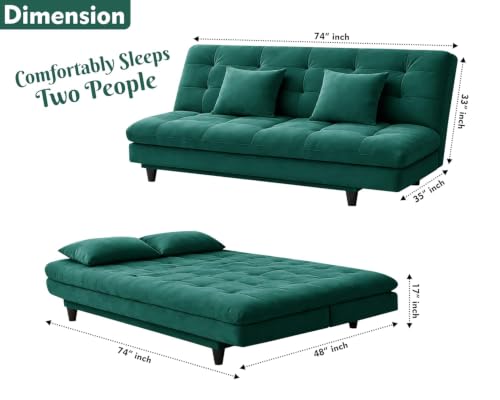 Image of Velvet Three-Seater Apsen Sofa Bed with Tufted Sleeper Couch Sofa with Adjustable Backrest- Living Room Furniture - Green