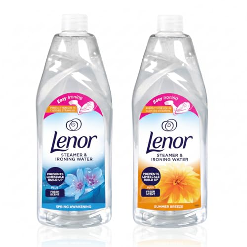 Lenor Steamer & Ironing Water Bundle 2 x 1L Bottles (SUMMER BREEZE & SRING AWAKENING) Prevents Limescale Build-Up Easy Ironing & Long-Lasting Freshness for Irons and Clothes Steamers