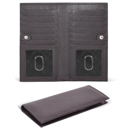 Image of Real Leather Long Bifold Wallet for Men & Women - RFID Slim Bi Fold 12 Credit Card Holder 2 ID, Gift for Mens & Womens, Brown 2, Small, Wallet
