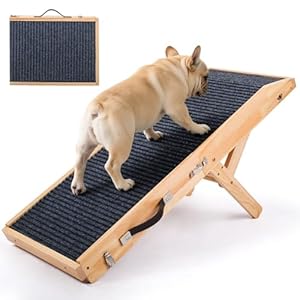 Wood Dog Ramp for Bed, 5-Level Adjustable Height (10″ to 21″) Pet Ramp with Non-Slip Surface for Couch, Bed and Car, Foldable Dog Stairs for Small, Medium to Large Dogs, Up to 200LBS