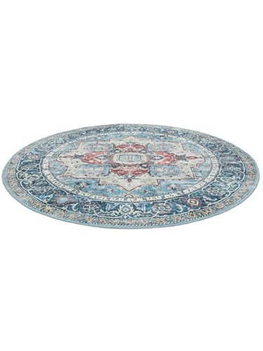 Miniatura 2 de Rugvista Georgia Oriental, Alfombra, Alfombras Modernas, Ø 120 Cm, Redondo, Pelo Corto, Sala De Estar, Dormitorio, Pasillo, Lavado A Máquina, Oeko Tex 100, Azul Multi