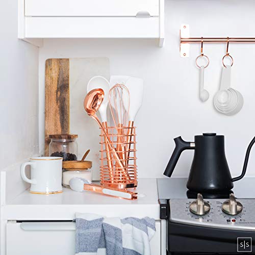 White and Rose Gold Cooking Utensils Set with Holder - 17-Piece Kitchen Utensil Set with Holder Includes White and Copper Measuring Cups and Spoons & Copper Utensil Holder