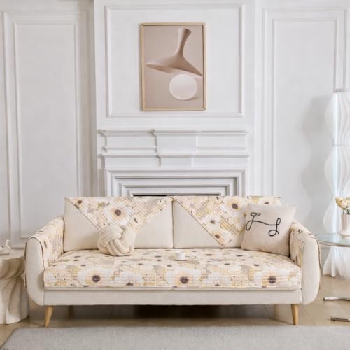 Image of HOMETHREADS Anti-Skid Sofa Protector Mat: Premium Printed Cotton Slipcover with Strong PVC Non-Slip Backing, (White Yellow, 1Pc Backrest | 70x75cm)