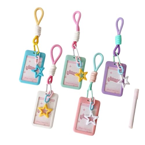 Portable Plastic Students Card Holder Star Pendant DIY Photos Protective Cover Sliding Cover with Lanyard Id Card Storage