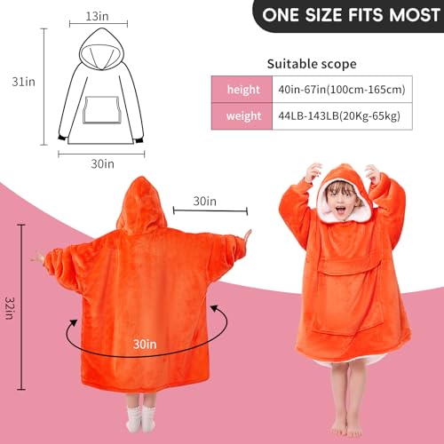 yescool Wearable Blanket Kids Hoodie, Birthday Teen Girls Gifts for 8-15 Year Old Kids Oversized Sweatshirt Sherpa Flannel Cozy Hooded Blanket with Pocket for Children, Youth Teens, One Size, Orange
