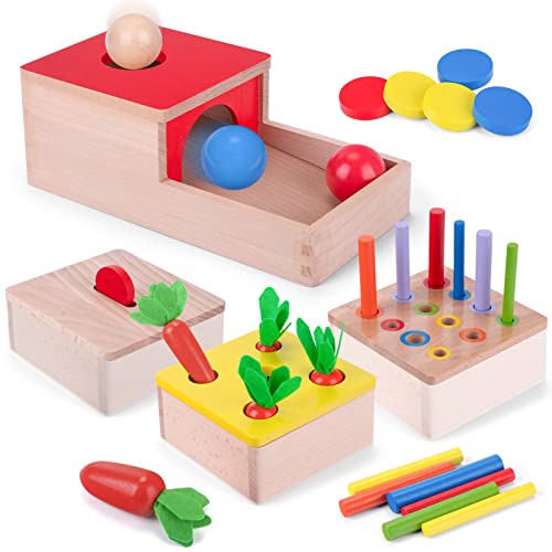 Image of Wdmiya Montessori Toys for 1 Year Old, 4 in 1 Wooden Toys for Baby Boy Girl, Object Permanence Box, Color&Shape Sorting Learning Matching Game, Carrot Harvest, Preschool Educational Gift (4 in 1)