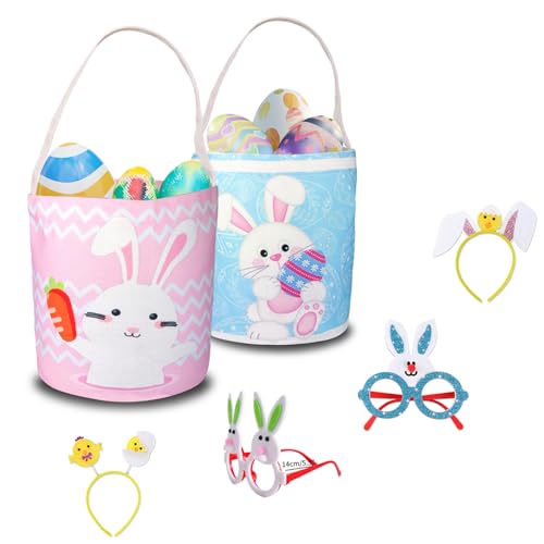 Image of 2 Pcs Easter Egg Baskets for Kids, Easter Eggs Hunt Basket for Kids Empty, Pink Bunny Basket Egg Gifts Bags with Fun Easter Accessories for Girls Boys Party Favors