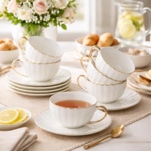 Image of White Tea Cups and Saucers Set of 6 (180 Ml), Porcelain White Tea Cup Set with Golden Handle Trim, Dishwasher Safe for Tea Milk & Coffee Chai, Tea Cup Set