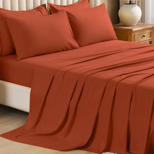 Image of Litanika Burnt Orange Comforter King Size Set - 7 Pieces Terracotta Bed in a Bag King Bedding Comforter Sets, Plain Lightweight Bed Set with Comforter, Sheets, Pillowcases & Shams