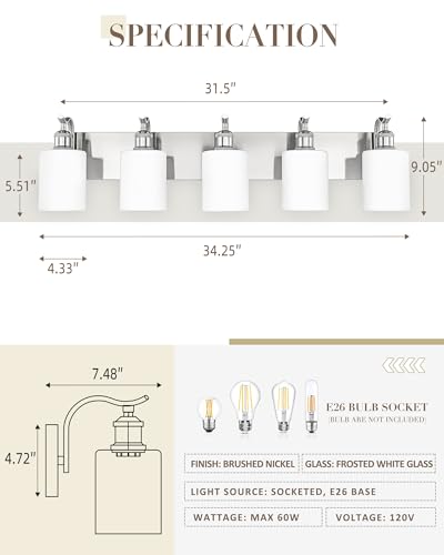 Image of 5 Light Bathroom Vanity Light, Brushed Nickel Vanity Lights for Morden Bathroom Lighting Fixtures Over Mirror Wall Light Fixtures with Milky White Frosted Shade ZCVL01BNW-5