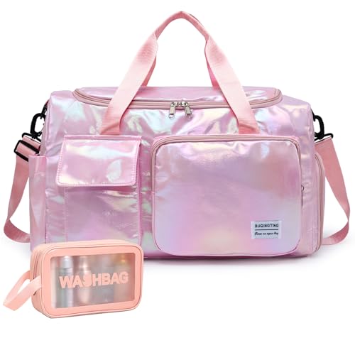 Shimmery Small Gym Bag for Women, Waterproof Travel Duffle Bag Carry On Weekender Bag with Shoe Compartment & Wet Pocket, Gym Tote Bag for Travel, Workout, Sport