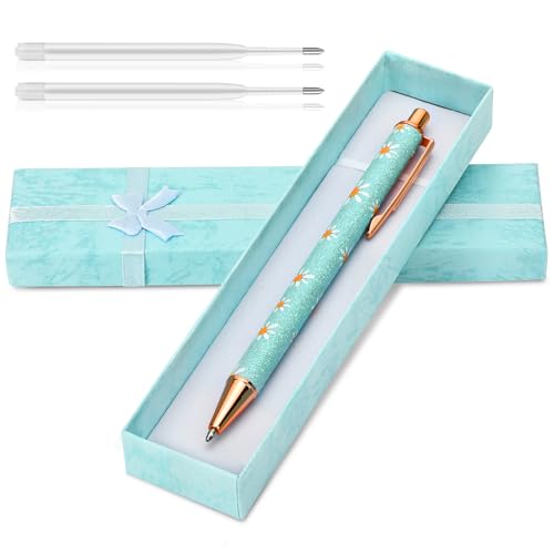 1Pc Sparkly Floral Pen Gift Set Spring Gift Bling Metal Floral Pen Shiny Daisy Ballpoint Pen Smooth Writing Black Ink Retractable Ballpoint Pens Pretty Flora Pens for Women Mothers Day(Candy Blue)