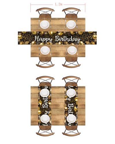 Image of Letjolt Happy Birthday Table Runner, Black and Gold, 72 Inches (Pack of 2)