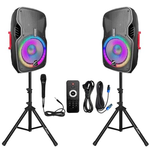 EXOTON EX-15A 15 inch Professional Dual Powered PA Speakers, 1200 Watts Active&Passive Loudspeakers, PA System Combo Set with Microphone/Tripods/Remote Control/Bluetooth/USB/LED Light, Indoor&Outdoor