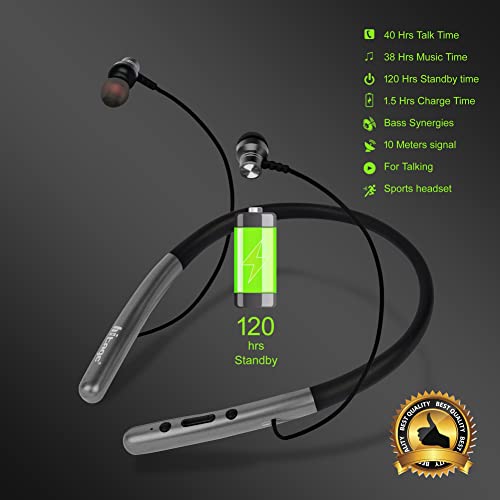 Image of Hitage NBT-6767+ 25 Hours Music Playtime 38 Hours Talktime Music Waves Orignal Sound Wireless Neckband Bluetooth Headset (Grey, in the Ear)