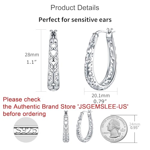 925 Sterling Silver Vintage Filigree Hoop Earrings Lightweight Oval Hoop Earrings for Women Hypoallergenic Earrings2