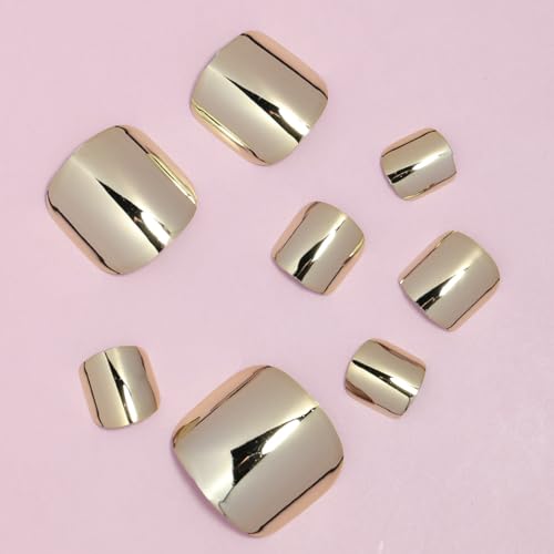 Gold Press on Toenails - Metal Chrome Short Square Nails