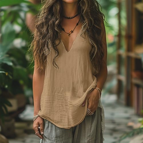 Dyhxuan Camiseta de tirantes para mujer, sin mangas, básica, vintage, muselina, cuello en V, camiseta de tirantes para verano, ligera, holgada, elegante, camiseta de tirantes para mujer, S-2XL, caqui