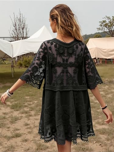 Image of Eomenie Women's Contrast Lace Bathing Suit Cover Up V-Neck Swimsuit Coverups Loose Swimwear Beach Dress Beachwear