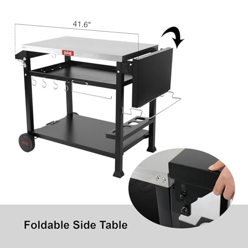 Feasto Outdoor Grill Table Cart, Pizza Oven Table Stand for Outdoor Indoor, 40\" x 26\" Stainless Steel Tabletop Dining BBQ Grill Table with Wheels for Food Prep, 3-Shelf Kitchen Cart Table with Cover