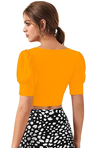 Image of Istyle Can Sweetheart Neck Ruched Front Puff Sleeve /Half Sleeve Streachable Solid /Plain Slim Fit Crop top for Women | Women's Slim FIT Crop TOP | Tops for Women