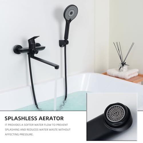 SHANFO Badewannenarmatur mit Handbrause, Wannenarmatur Langer Auslauf 30CM, Badewannen Armaturen Set, Schwarz, 8Y3OK