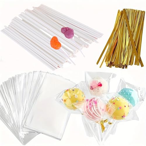 Kit de 300 palitos y envoltorios para tartas, incluye 100 palitos de papel de 6 pulgadas, 100 bolsas transparentes para dulces, 100 lazos dorados para pasteles, piruletas, caramelos duros, ventosas