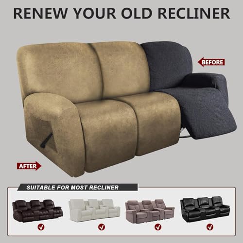 Image of molasofa Recliner Sofa Covers - 8 Pieces Stretch Leather Like Large Couch Covers for 3 Seats Reclining Slipcovers with Elastic Bottom (Mustard)