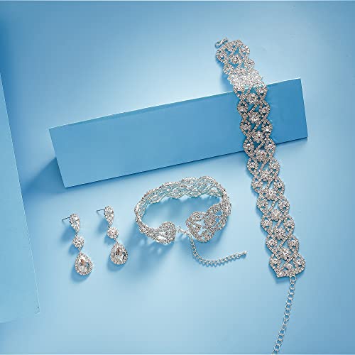 Paxuan Women Rhinestone Crystal Wedding Bridal Choker Necklace Earrings Bracelet Jewelry Sets thumb #5
