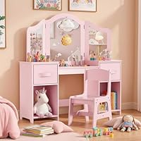 Clevich Kids Vanity Table and Chair Set, 2-in-1 Girls Vanity Set with Removable Mirror & Stool, Princess Toddle Makeup Table with Storage Box, Wooden Desk for Kids (Pink)