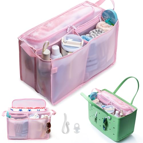 AMOIGEE Mesh Beach Bag Organizer Insert with 2 Accessories Compatible with Bogg Bag XL | Bag Divider with Zipper Closure Waterproof & Sandproof Compartments Sunglasses Holder & Clips