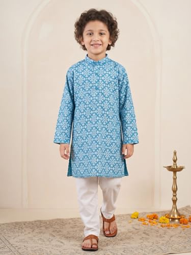 Image of AJ DEZINES Boys Cotton Full Sleeve Printed Kurta Pajama Set for Kids - Ethnic wear | Special Occasion & Traditional Outfit |Boys Kurta Pyjama Set - Regular Fit