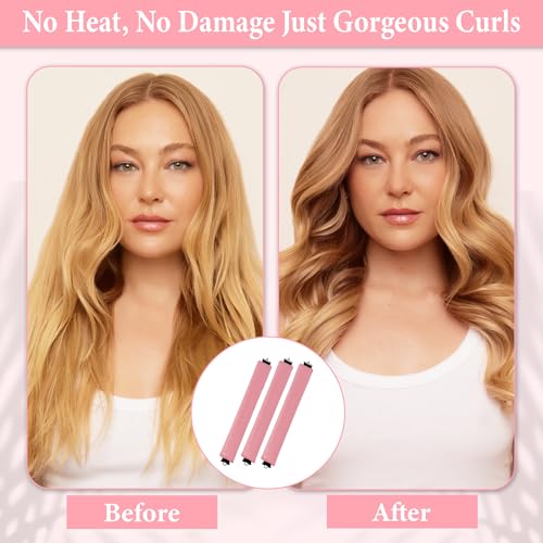 Image of GLUN Non-Damaging Hair Curling Strips, 3 Counts Piink Colour, Hair Curler with Hook, for All Hair Types, Overnight Curler for Beautiful Natural Wave Texture